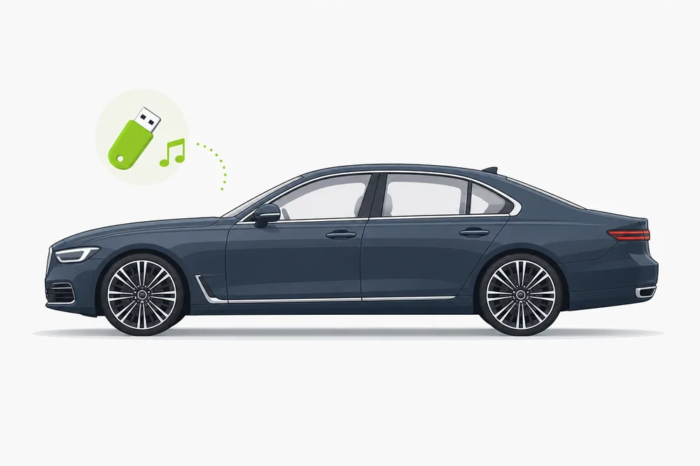 Illustration of a BMW 5 Series with a USB music stick
