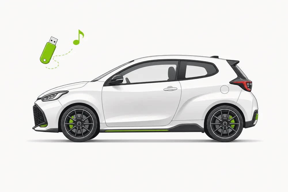 Illustration of a Ford Fiesta with a USB music stick