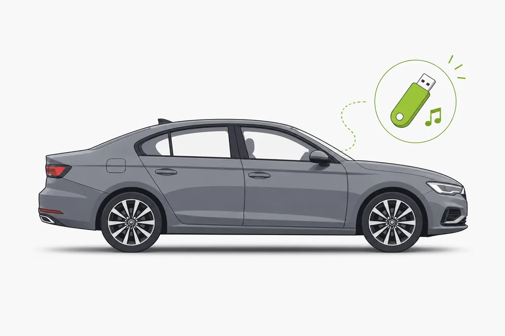 Illustration of a Volkswagen Jetta with a USB music stick