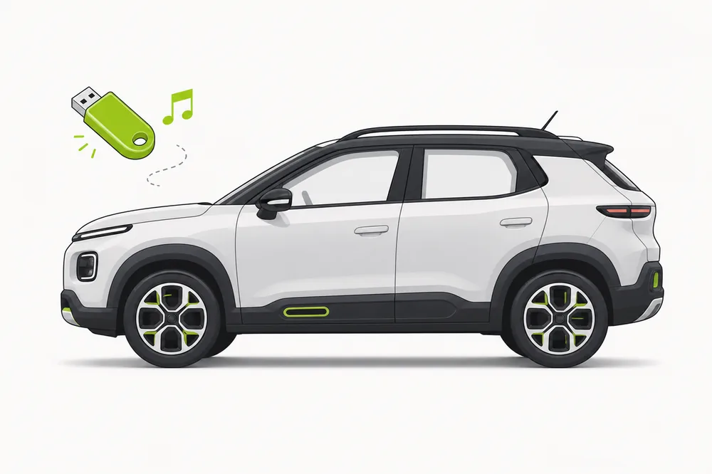 Illustration of a Hyundai Kona with a USB music stick