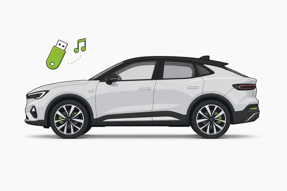 Illustration of a Volkswagen T-Roc with a USB music stick