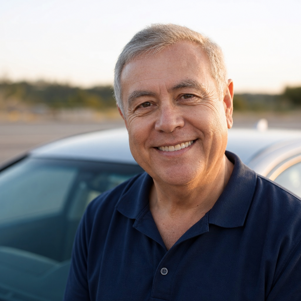 Herbert, a happy USB4Car customer, standing in front of his car